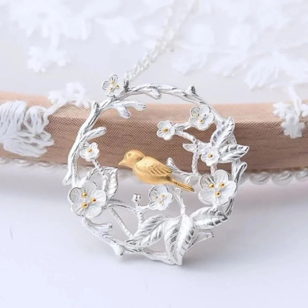 925 Sterling Silver Elegant Pendant Necklace Bird & Flower Round Circle Necklace